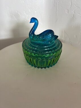 Vintage Jeanette Swan Blue-Green Glass Swan Trinket Dish- Lipstick holder top